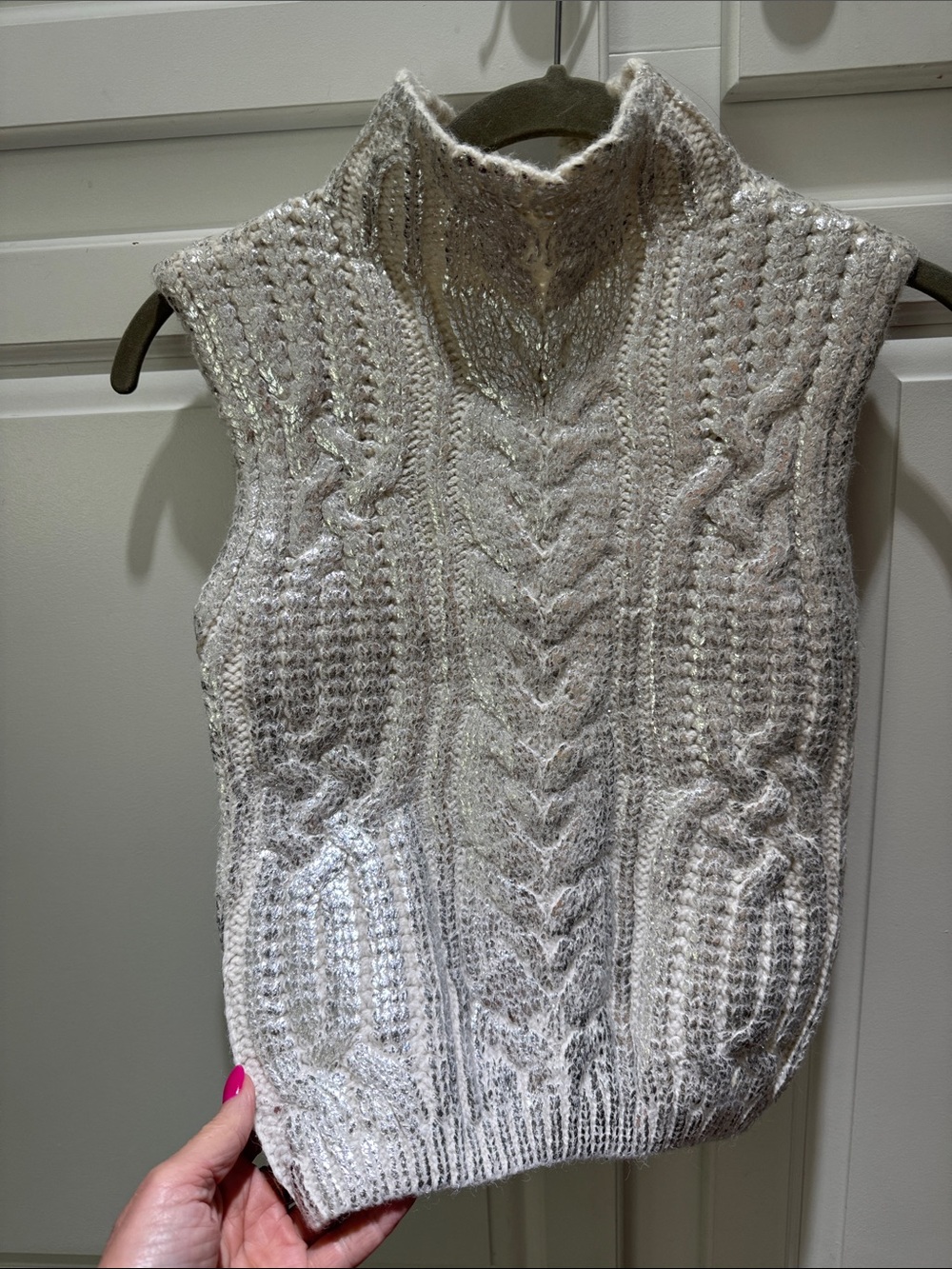 Jason Wu Cream and Metallic Silver Cable-Knit Sleeveless Turtleneck Vest Sweater